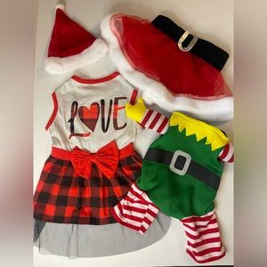 Dog Christmas Outfits Size Medium Buffalo Check Dress, Santa Tutu and Hat, Elf